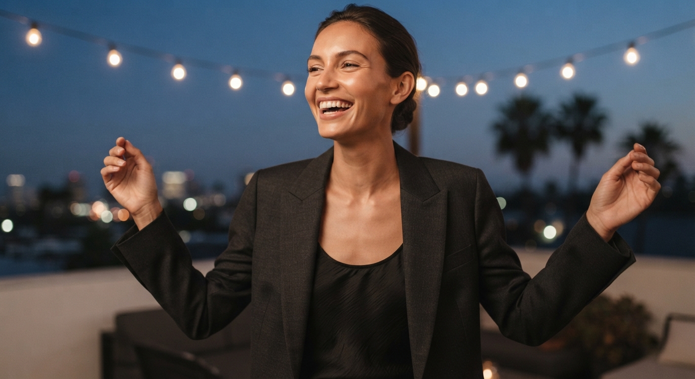 Woman laughing under string lights at an evening rooftop party