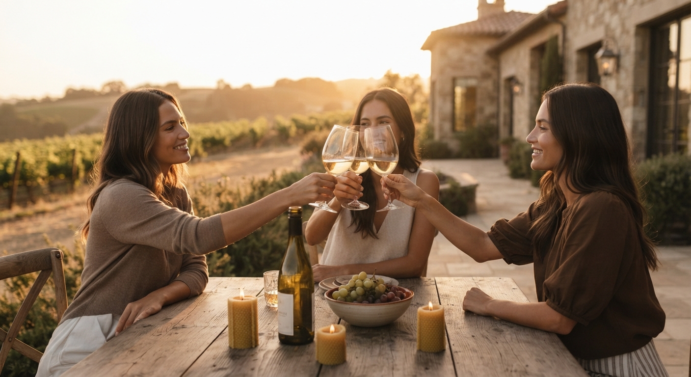 Three friends toasting with white wine at an outdoor table at sunset